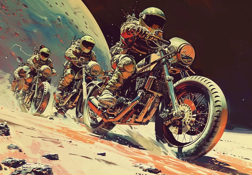 Three astronauts in futuristic spacesuits ride motorcycles across a barren, orange landscape. The lead astronaut is in the foreground, leaning into a sharp turn with a large, glowing moon in the background. The image is painted in a colorful, retro style.