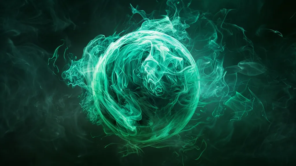 A glowing green sphere is surrounded by wispy tendrils of smoke, creating a swirling, ethereal effect against a dark green background. The sphere appears to be composed of the same ethereal material as the surrounding smoke, making it seem as though it is emerging from the wispy tendrils. The overall image is one of otherworldly beauty and mystery.