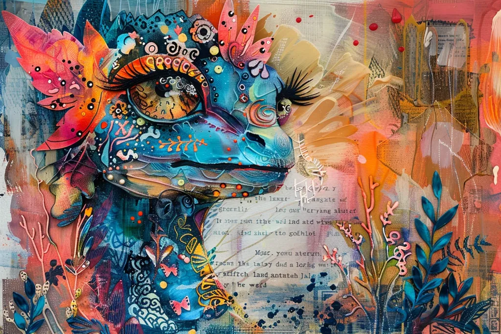 The image is a close-up of a colorful, abstract painting. It features a large, stylized eye with a blue and green iris and a black pupil. The eye is surrounded by swirling patterns and shapes, including a bright orange leaf and a pink flower. The background is a mix of vibrant colors, including orange, yellow, and pink. The image is full of energy and movement, and the colors are rich and intense. It is difficult to discern the exact subject of the image due to its abstract nature, but it appears to be a close-up of a creature's face.