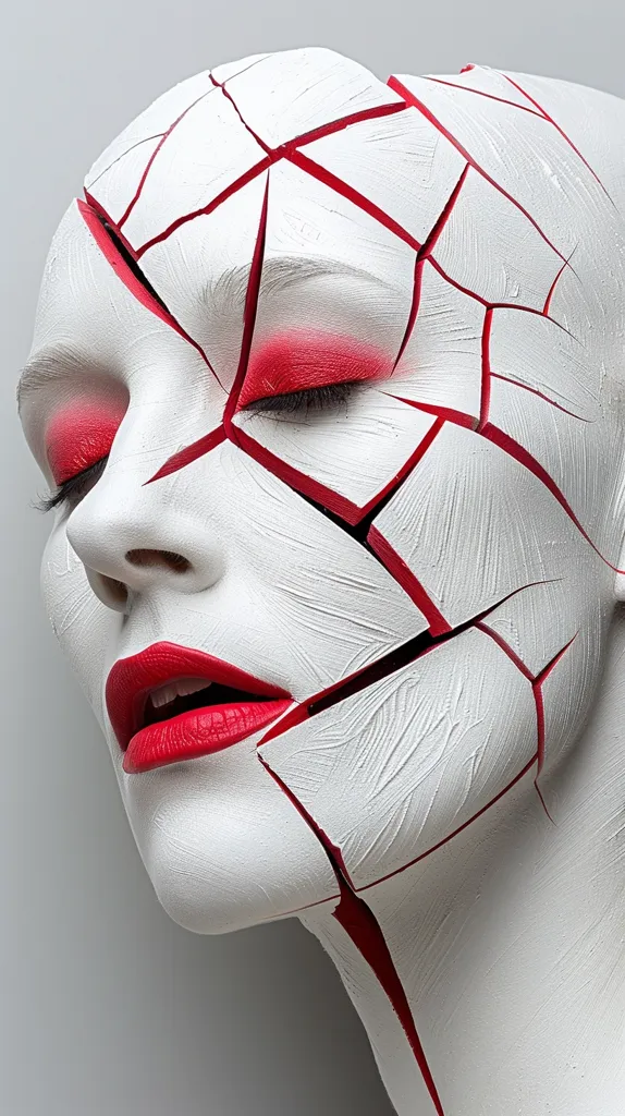 A close-up of a woman's face, painted white with red cracks across it. Her eyes are closed and her lips are painted a bright red. The image creates a dramatic and unsettling effect, suggesting a sense of fragility and brokenness. The stark contrast between the white and red colors adds to the intensity of the image.
