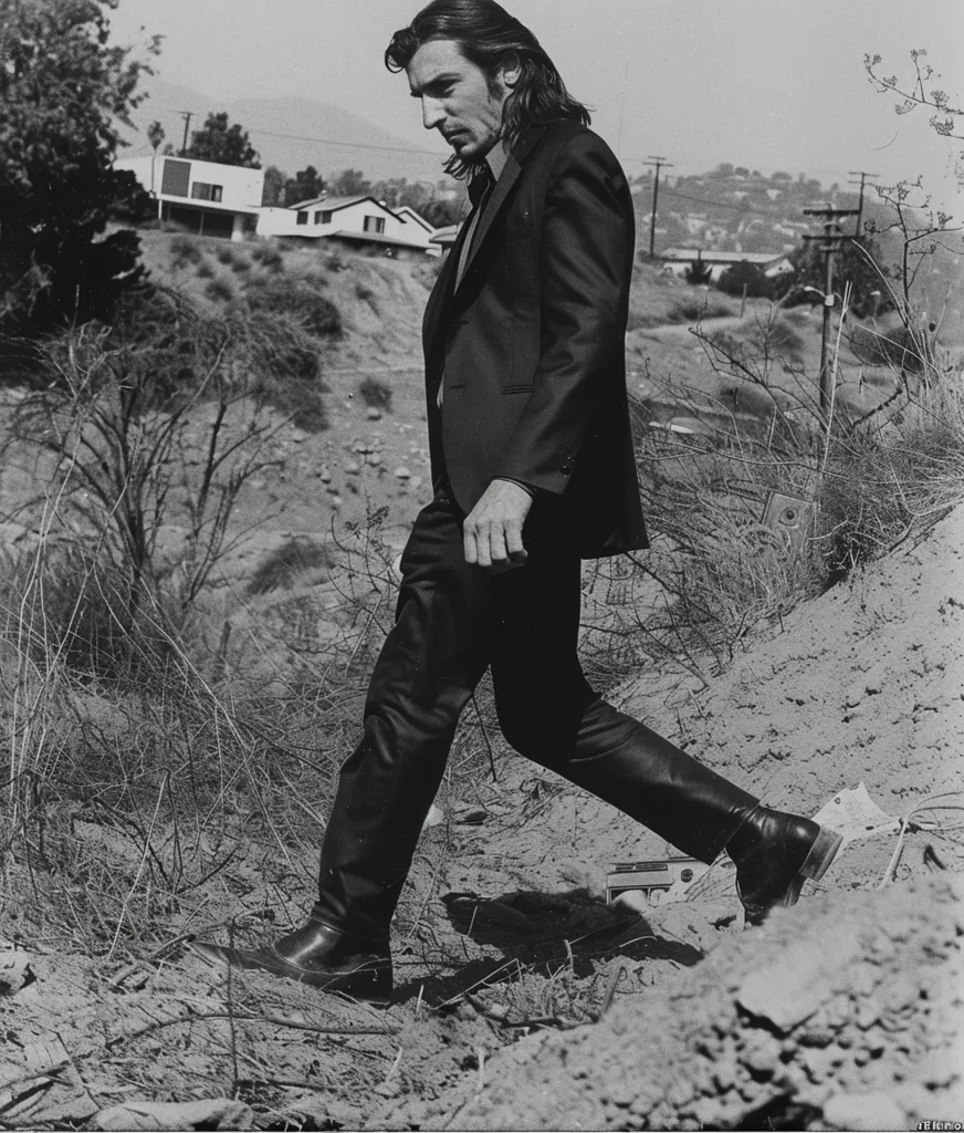 A man in a dark suit and boots walks through a dry, brushy area. His long hair falls over his shoulders, and his face is stern and serious. He walks toward the viewer, the light hitting his face from the side. There are houses and trees in the background, out of focus. The image is in black and white.  The overall tone is one of mystery and intrigue.