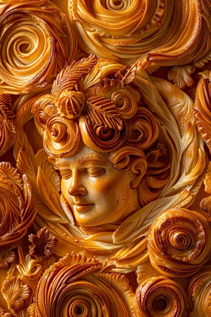 The image shows a close-up of a intricate pastry design. A woman's face is sculpted in the center, surrounded by ornate, golden-brown swirls and leaves. The texture is incredibly detailed, with each fold and curve of the pastry appearing delicate and intricate. The rich, warm colors give the impression of a baked good that is both beautiful and delicious.  The overall effect is one of exquisite craftsmanship and artistry.
