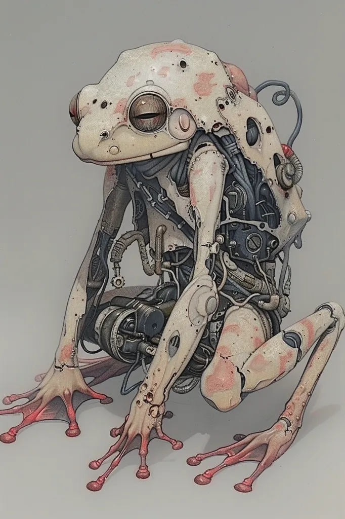 A detailed illustration depicts a mechanical frog with a white, robotic body. Its exposed, intricate internal mechanisms, including wires, gears, and pipes, are visible. The frog has a large, expressive eye and sits in a crouched position with its webbed feet splayed out. Its skin is textured with a pattern of red spots. The overall impression is of a futuristic and somewhat unsettling creature.