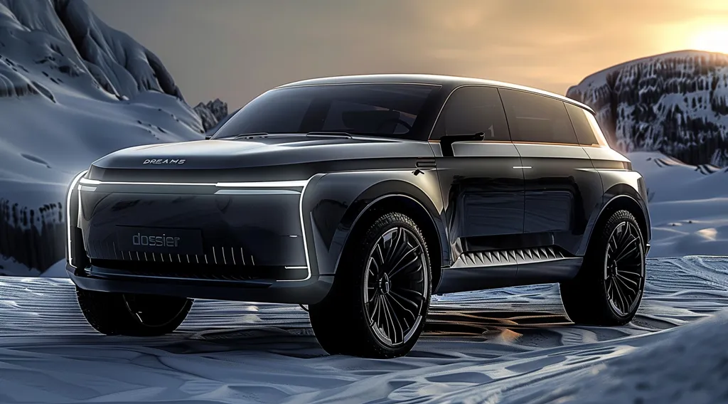 A sleek, black SUV, the "dossier DREAMS," sits on a snowy landscape. The car has a futuristic design with sharp lines and large, black wheels.  The background features snow-covered mountains under a partly cloudy sky. The image conveys a sense of luxury and adventure.