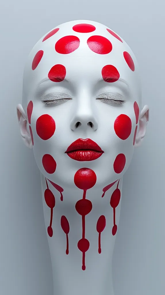 A person with white skin has their face painted red with large dots. The person's eyes are closed and their lips are painted a bright red. The person's neck is painted with red circles and streaks, as if blood is dripping down the neck. The background is a plain light gray.