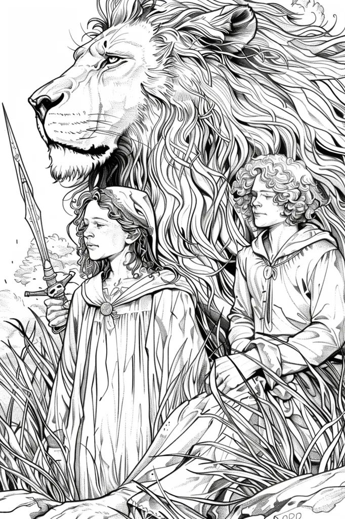 The image depicts a lion with a mane of thick, flowing hair, looking to the left.  To its right, there are two human figures, both with long hair and wearing simple clothing. The woman on the left is holding a sword in her right hand, while the man on the right has his hands clasped in his lap.  The background is a field of tall grass. The image is drawn in black and white, creating a sense of contrast and drama.  The overall effect is one of nobility and strength.