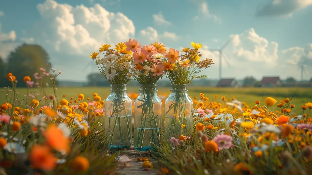 Three glass jars filled with bright yellow and pink wildflowers are arranged in a field of blooming flowers. The jars are set on a path with grass growing around them.  The background is a green field with a few houses and a windmill in the distance. The sky is blue with white fluffy clouds. The overall feeling of the image is one of peace and tranquility.