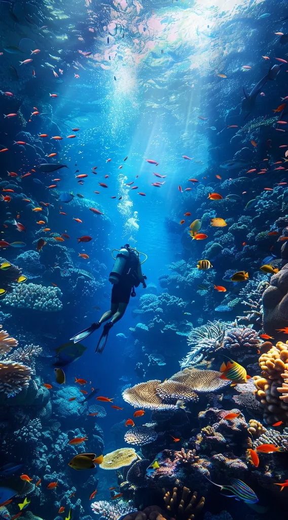 A scuba diver explores a vibrant coral reef teeming with colorful fish. Sunlight streams down through the crystal-clear water, illuminating the scene. The diver is silhouetted against the bright blue, surrounded by an abundance of marine life. The coral formations are intricate and varied, showcasing the beauty of the underwater world.