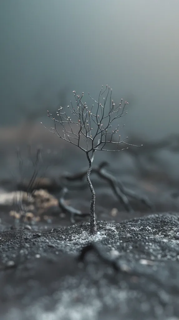 A lone, skeletal tree stands tall in a desolate landscape of charcoal and ash. Its branches reach towards a hazy sky, offering a stark contrast against the barren ground. The scene evokes a sense of resilience and hope, as life persists even amidst destruction.