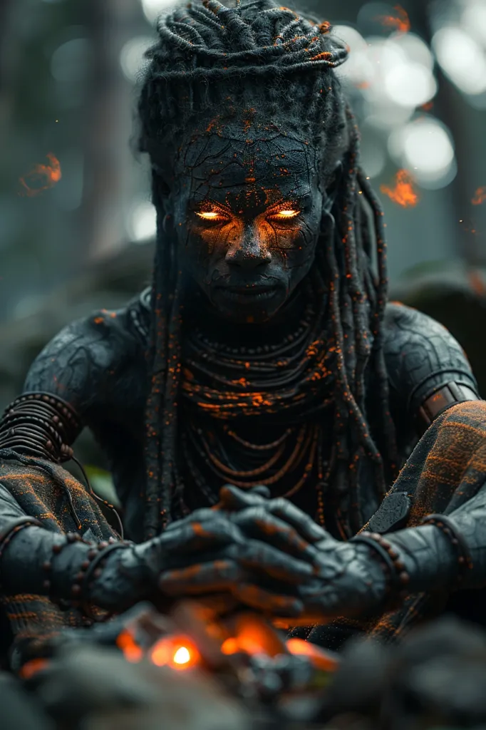 The image depicts a person with dark skin and long dreadlocks, sitting in a forest. Their skin is covered in a dark, textured substance that glows with an orange light, and their eyes are burning with a fierce orange glow.  They are wearing beaded jewelry and their hands are clasped together. The image is dark and mysterious, creating a sense of power and otherworldliness.