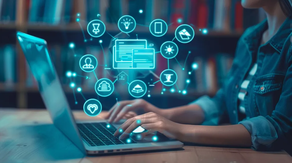 A woman sits in front of a laptop with her hands on the keyboard. A network of glowing icons and lines representing digital connectivity surrounds her. The background is blurry, with a bookshelf out of focus, suggesting a scene of online work or learning. The image portrays the seamless integration of technology in modern life.