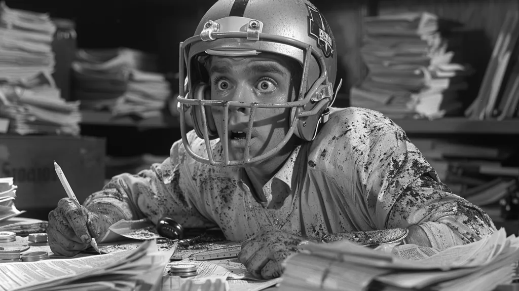 A man wearing a football helmet and covered in dirt leans over a desk, looking startled. He is holding a pencil and appears to be writing on a piece of paper.  The scene is likely from a film or television show,  the image is black and white, giving it a vintage look.  The stacks of papers in the background suggest an office setting.  The image evokes a sense of chaos and surprise.