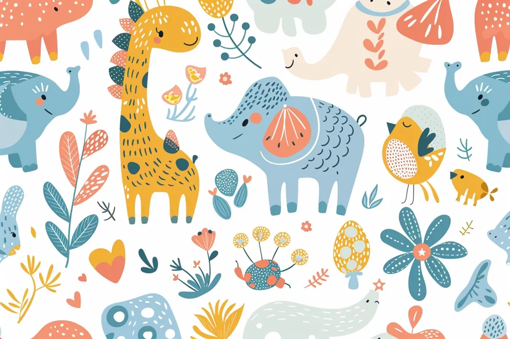 This whimsical illustration features a variety of animals and plants on a white background.  A yellow giraffe stands tall with spotted markings, while two blue elephants with unique details roam among colorful flowers, mushrooms, and birds.  The intricate patterns and vibrant colors create a playful and charming scene.