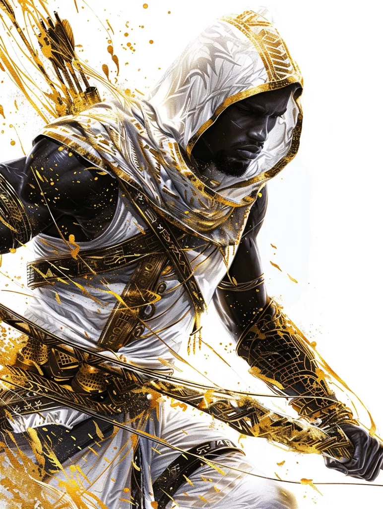 A warrior in a white hooded robe adorned with gold accents is depicted in a dynamic pose. He wears a black and gold arm guard and holds a bow and arrow, ready for action. The background is a flurry of gold paint splatters, adding a sense of energy and movement to the image. His serious expression and the intensity of the pose suggest a fierce determination.