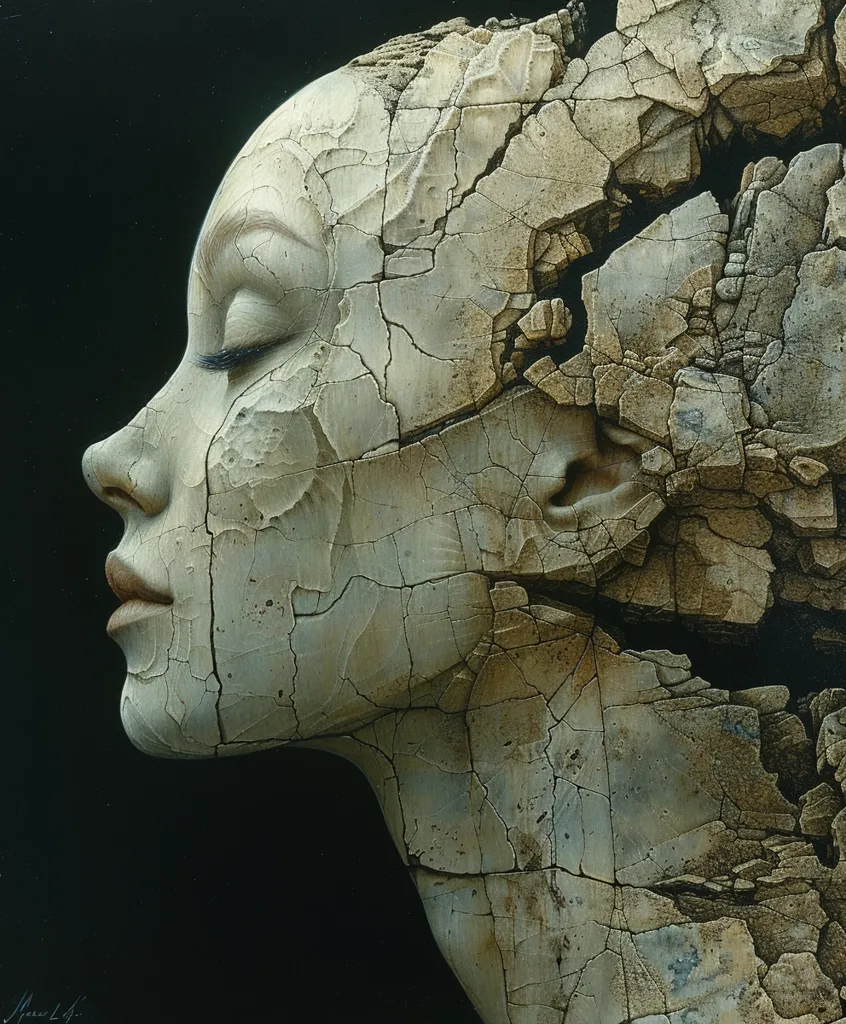 The image is a close-up of a woman's face, rendered in a realistic style but with a unique twist. Her skin is depicted as cracked and weathered, like stone, suggesting fragility and the passage of time. The cracks run deep, almost splitting her face in two, symbolizing the potential for inner turmoil or a broken spirit. The woman's eyes are closed, conveying a sense of vulnerability or introspection. The background is dark, emphasizing the starkness of the imagery. The overall effect is haunting and thought-provoking.