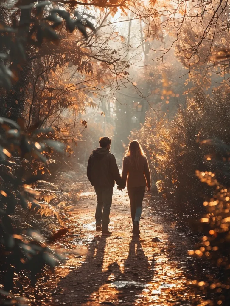 A couple walks hand-in-hand down a sun-dappled path through an autumnal forest. The warm light of the setting sun filters through the trees, casting long shadows on the ground. The couple is silhouetted against the bright light, their heads bent together in conversation. The scene is one of peace and intimacy, capturing the essence of a romantic autumn day.