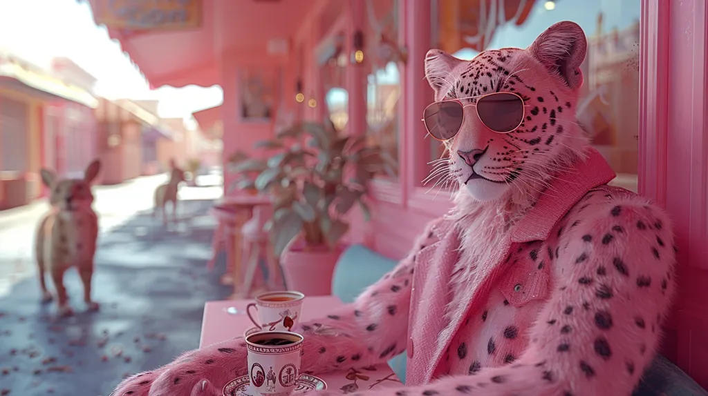 A leopard with a pink coat and sunglasses sits at a table with two cups of coffee in a pink cafe. The cafe is surrounded by pink buildings, and a blurry figure of a leopard can be seen walking outside. The scene is surreal and whimsical.