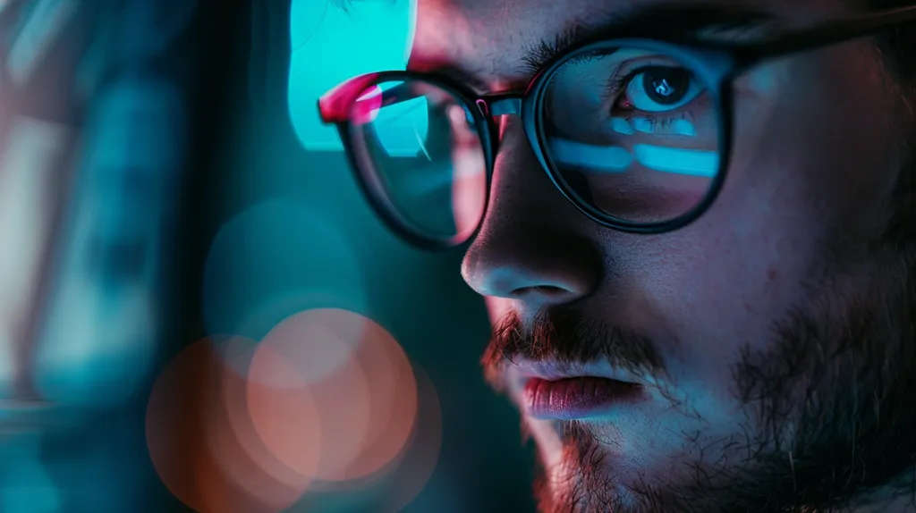 A close-up of a man's face illuminated by blue and purple light. He is wearing glasses and looking down, with a serious expression. His face is partially obscured by the glasses, but his lips are visible, pursed together. The background is blurred and out of focus.  The image conveys a sense of mystery and intrigue.