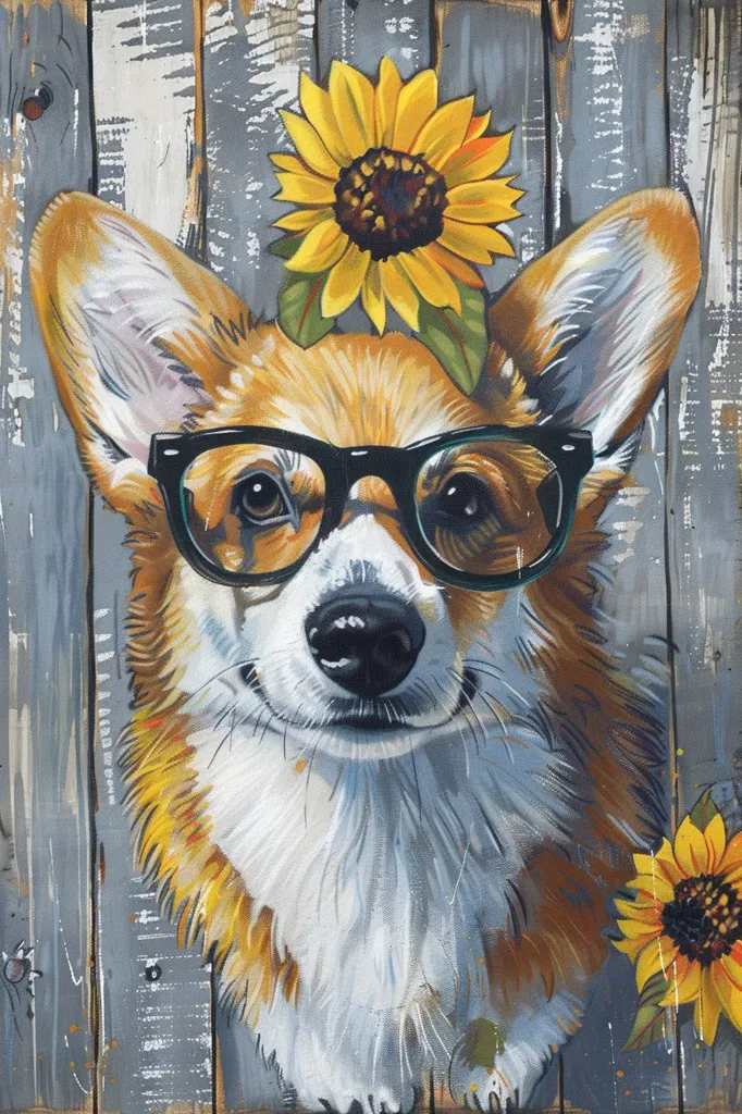 The painting depicts a corgi dog wearing large, round glasses and a sunflower crown. The dog's expression is friendly and curious, and its fur is a mixture of brown, white, and black. The background is a weathered wooden fence painted in shades of gray and blue. The overall mood of the painting is lighthearted and cheerful.