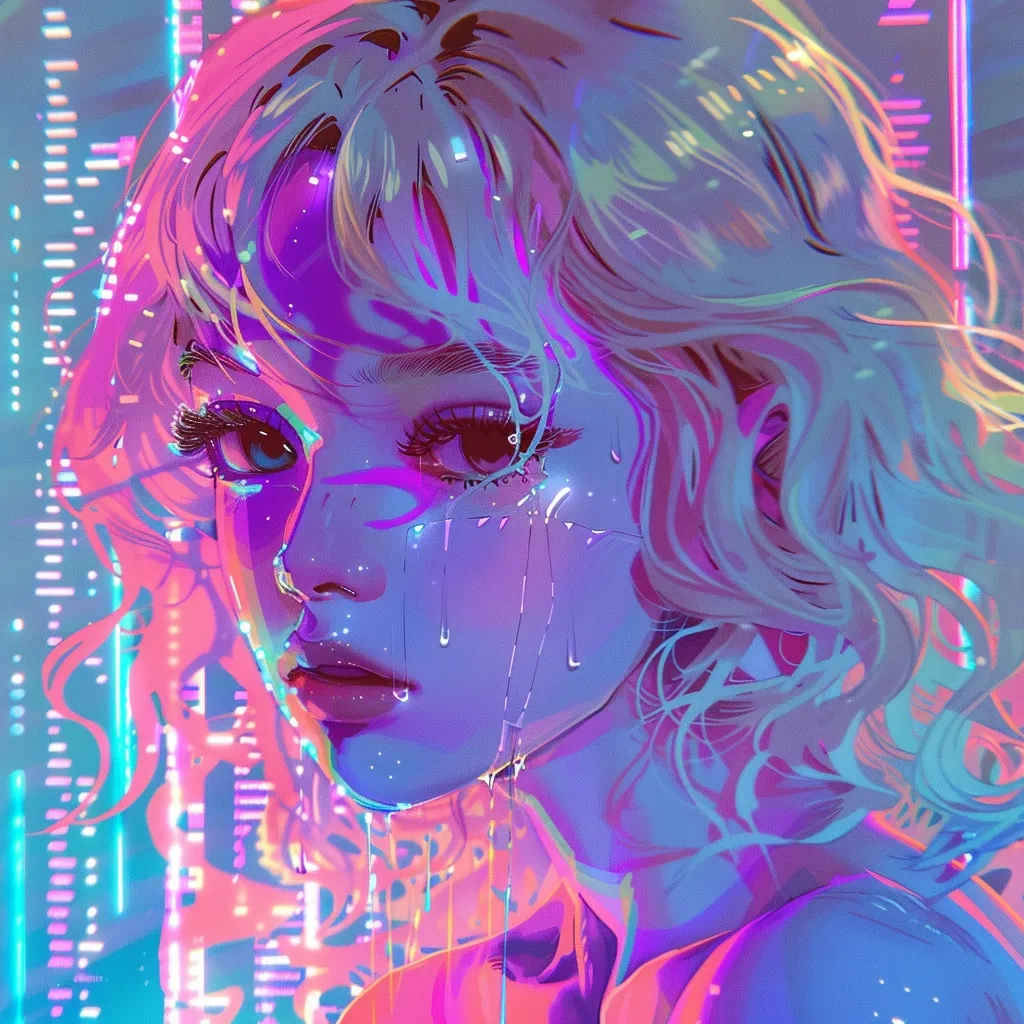 The image depicts a young woman with flowing blonde hair. She is crying, and her tears are dripping down her face. The background is a vibrant mix of pink, purple, and blue, with a series of vertical lines that resemble data streams. The overall effect is one of sadness and loneliness, set against a backdrop of digital technology.