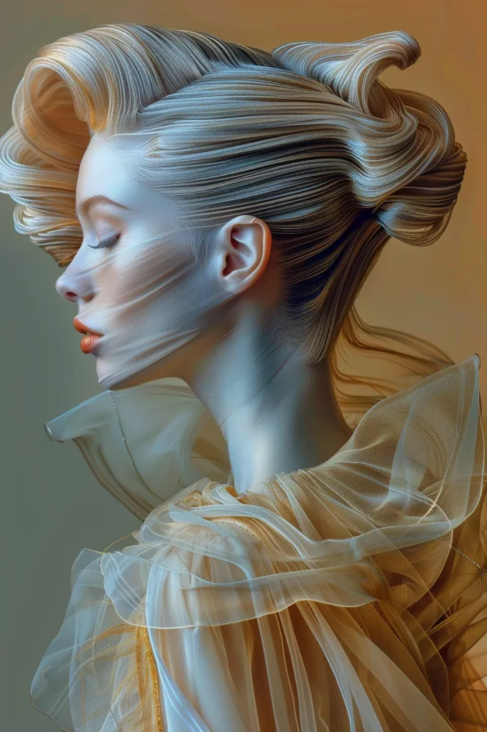 A woman with her eyes closed, her face obscured by a sheer white veil, wears a flowing, golden gown. Her hair is styled in intricate waves, resembling flowing water or a rippling sea. The image evokes a sense of ethereal beauty and delicate grace. The soft lighting creates a dreamy atmosphere, blurring the lines between reality and fantasy.