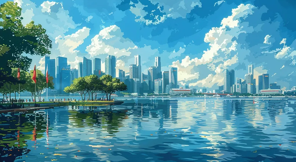 A serene cityscape with tall skyscrapers reflected in the still waters of a river or bay. The sky is a brilliant blue with fluffy white clouds, and the lush green trees lining the riverbank add a touch of nature to the urban landscape. A few red flags flutter gently in the breeze, adding a splash of color to the scene. The overall atmosphere is peaceful and tranquil, showcasing the beauty of city life amidst nature.