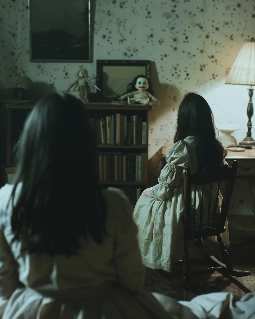Two girls with long dark hair sit in a dimly lit room with a rocking chair, a lamp and a bookshelf. One girl is in the foreground, facing away from the camera, while the other sits in the rocking chair, facing away from the camera. The room has floral wallpaper and a vintage aesthetic. The image evokes a sense of mystery and nostalgia.