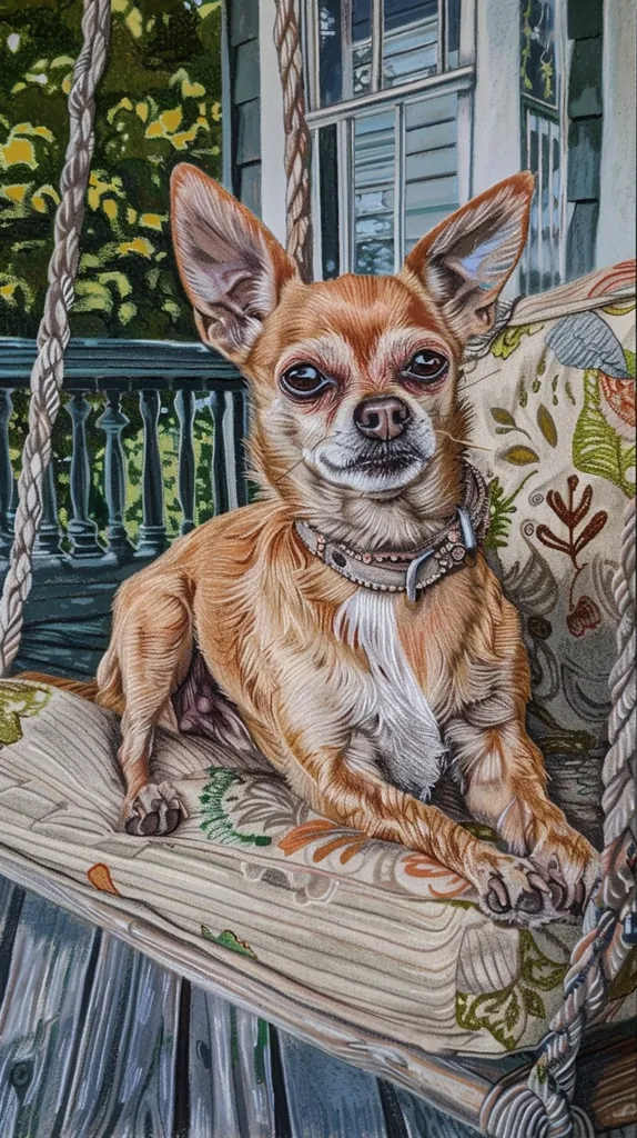 A small, tan chihuahua with large, dark eyes is laying on a patterned cushion on a porch swing. The dog is looking directly at the viewer with a slight smile. It has a brown leather collar with shiny metal accents. The swing is made of wooden slats and rope.  The background is blurry, but there is a window and some greenery visible. The image appears to be a painting.