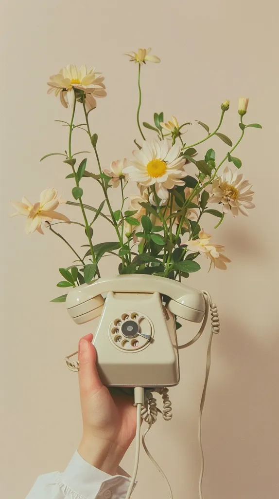 A vintage rotary phone is held by a hand wearing a white sleeve. The phone is decorated with a bouquet of white daisies and green leaves, creating a whimsical and nostalgic image. The beige background adds a soft and gentle touch to the overall aesthetic. The image evokes a sense of simplicity, beauty, and a bygone era.