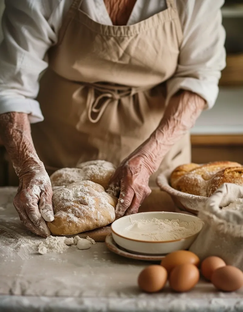 An elderly woman wearing an apron is shaping a dough ball dusted with flour on a table covered in flour.  A white bowl with flour and a bag of flour are also on the table.  There are a few bread rolls in a bowl to the right, and some brown eggs are scattered around the table.  The scene is lit with warm, natural light.