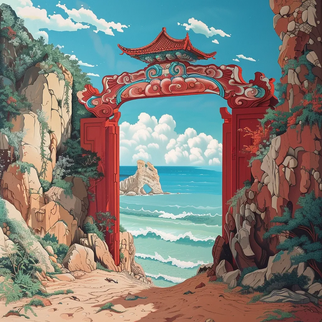 A vibrant, stylized painting depicts a red archway set within a rocky landscape. The archway, adorned with intricate carvings, leads to a breathtaking view of a turquoise ocean with crashing waves and a distant, rock formation. The sky above is a clear blue with fluffy white clouds, adding a sense of tranquility and wonder to the scene.