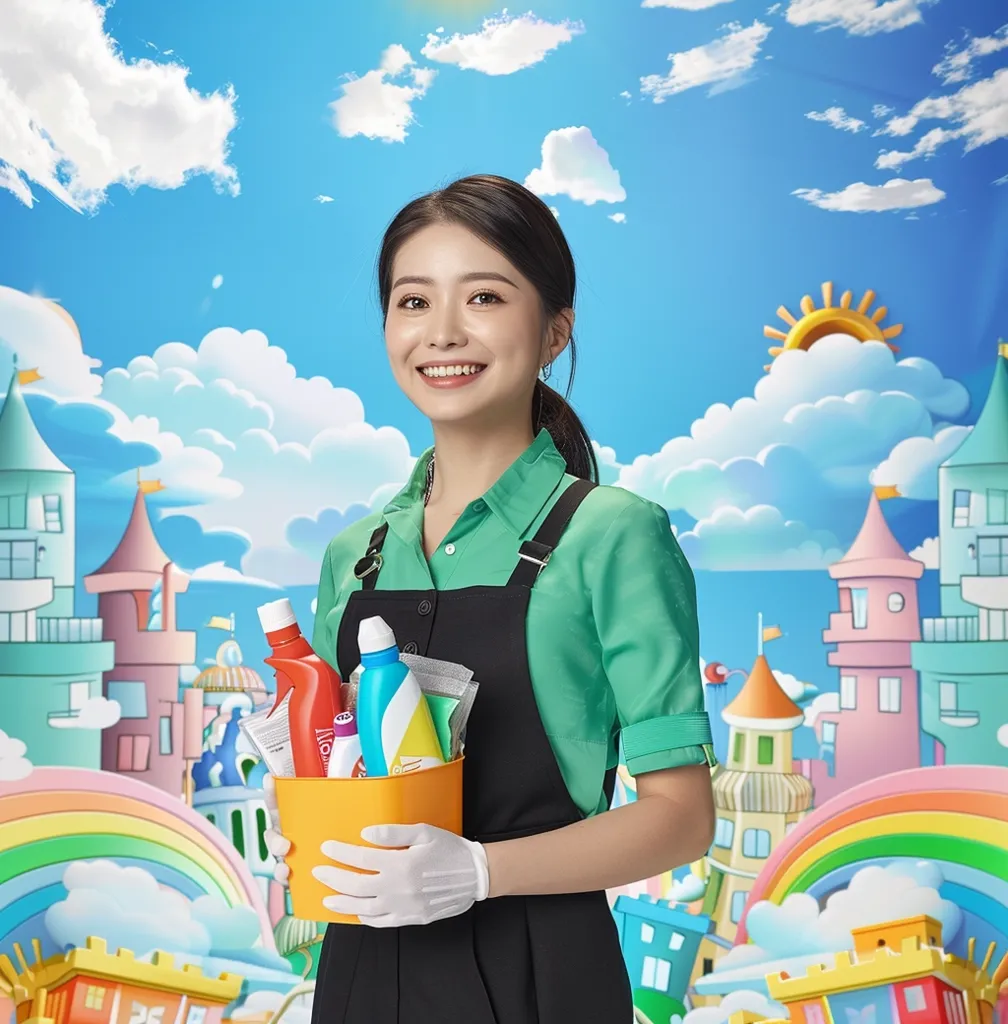 A young woman with a bright smile is holding a bucket filled with cleaning supplies. She is wearing a green shirt and black overalls, and her hair is pulled back. The background is a cartoon-like depiction of a whimsical town with colorful buildings and a rainbow. The image is lighthearted and playful.