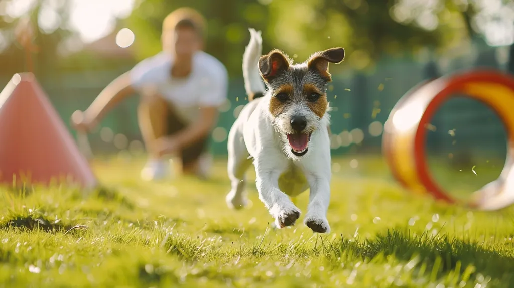 A small white and brown dog with a wagging tail runs towards the camera in a grassy field. It is blurred, as if in motion, and a person is out of focus behind it. A red and yellow ring toy is in the background, out of focus.  The image is bright and cheerful, suggesting a fun, playful scene.
