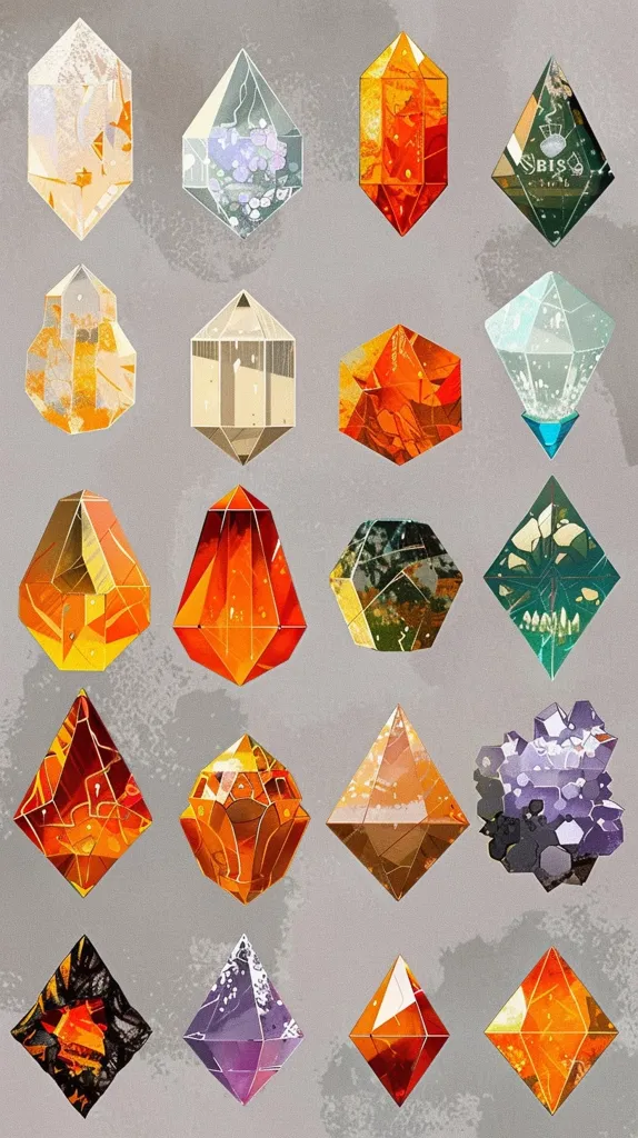 The image depicts a collection of 18 colorful, faceted gemstones, each with a unique shape and pattern. They are arranged in a grid against a light grey background, suggesting a collection or display of precious stones. The gems are a mix of clear, opaque, and translucent, with colors ranging from deep red and orange to purple, green, and blue. The image evokes a sense of beauty, value, and wonder.