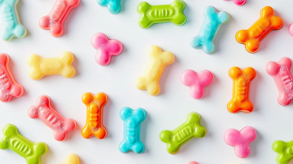The image shows a variety of colorful bone-shaped candies scattered across a white surface. The candies are in various shades of pink, blue, green, yellow, and orange. They are arranged in a random pattern, creating a cheerful and playful aesthetic. The candies appear to be made of a smooth, glossy material, possibly chocolate or candy.