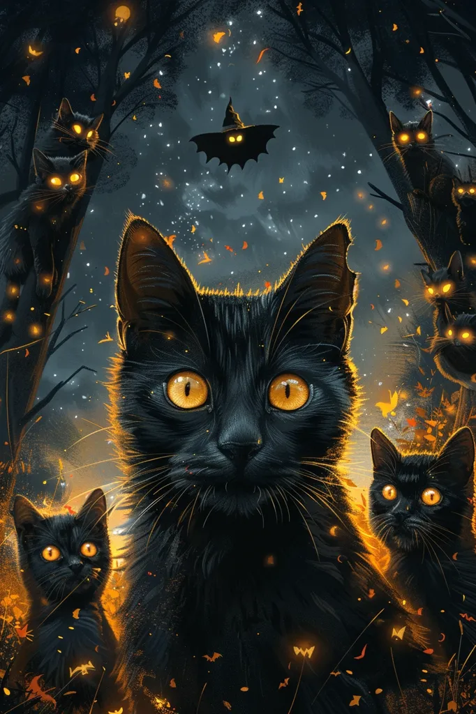 A black cat with glowing yellow eyes is the central focus of the image, surrounded by other black cats in a dark, shadowy forest. Golden leaves fall around the cats, creating a magical and eerie atmosphere. A small bat with a witch's hat flies above the scene, adding to the Halloween theme. The image is a celebration of the mystery and beauty of black cats, especially during the spooky season.