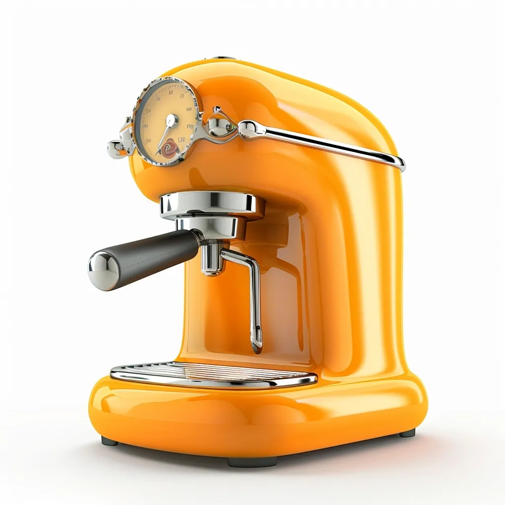 The image depicts a bright orange espresso machine with a chrome finish. It features a round gauge with a needle pointing to the "C40" mark, a chrome handle, and a black lever. The machine sits on a white surface, casting a slight shadow. It has a retro, vintage aesthetic, likely designed for a modern kitchen.