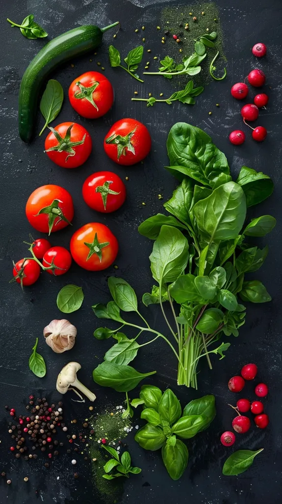 A black surface is adorned with an assortment of fresh ingredients, including tomatoes, spinach, herbs, a cucumber, garlic, peppercorns, and red radishes. The vibrant colors and textures create a visually appealing still life, suggesting a culinary delight in the making.