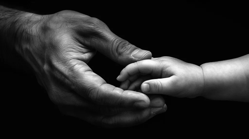A black and white photograph of two hands, one belonging to an adult and the other to a baby. The adult's hand is large and calloused with visible veins and wrinkles, while the baby's hand is smooth and small. The two hands are intertwined, symbolizing the bond between generations. The contrasting textures and sizes of the hands highlight the passage of time and the connection between youth and experience.
