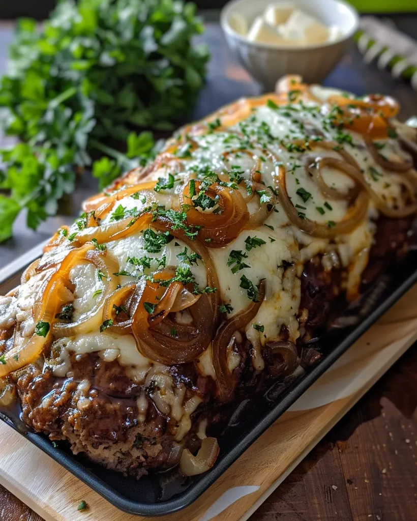 A large meatloaf, covered in melted cheese, caramelized onions, and parsley, is presented on a black oval platter. The meatloaf is sitting on a wooden cutting board, and there is a small bowl of white substance to the side. The background is blurry, but it seems to be a dark wooden table. The meatloaf appears to be a delicious and comforting dish.