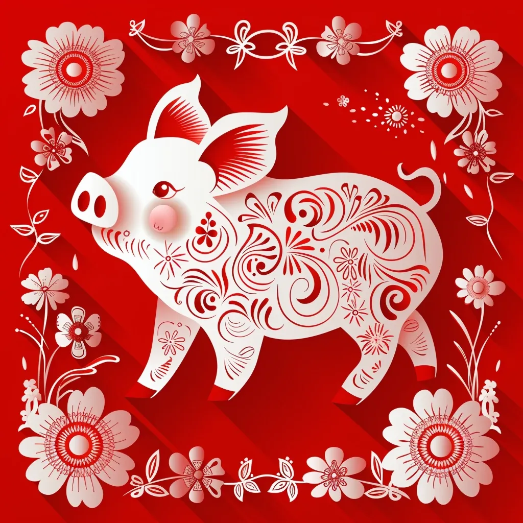 A white pig with intricate floral patterns is depicted against a vibrant red background, surrounded by delicate white flowers and vines. The pig stands with its front legs slightly apart and its head tilted, creating a playful and charming image. The intricate detail of the floral patterns and the contrasting colors create a visually stunning and festive atmosphere.