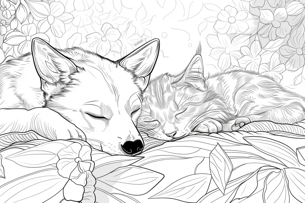 A black and white line drawing of a dog and cat sleeping together on a bed of leaves. The dog is on the left side of the image, with its head resting on the cat's back. The cat is on the right side of the image, with its head resting on the dog's side. Both animals have their eyes closed. The leaves are drawn in a detailed and intricate style, with a delicate floral pattern surrounding the animals.  The drawing has a peaceful and calming vibe.