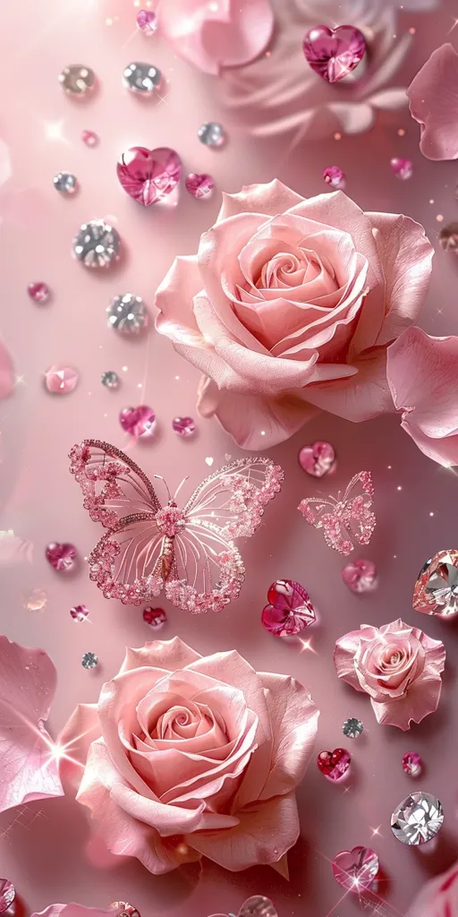 The image is a pink and sparkly, girly wallpaper featuring two pink roses, a pink butterfly, and a multitude of shiny pink and clear hearts and jewels scattered on a pale pink background. The roses have a soft, delicate look and the butterfly is intricate and detailed, adding a touch of whimsy to the image. The glittering jewels give the entire scene a glamorous and sparkling feel.