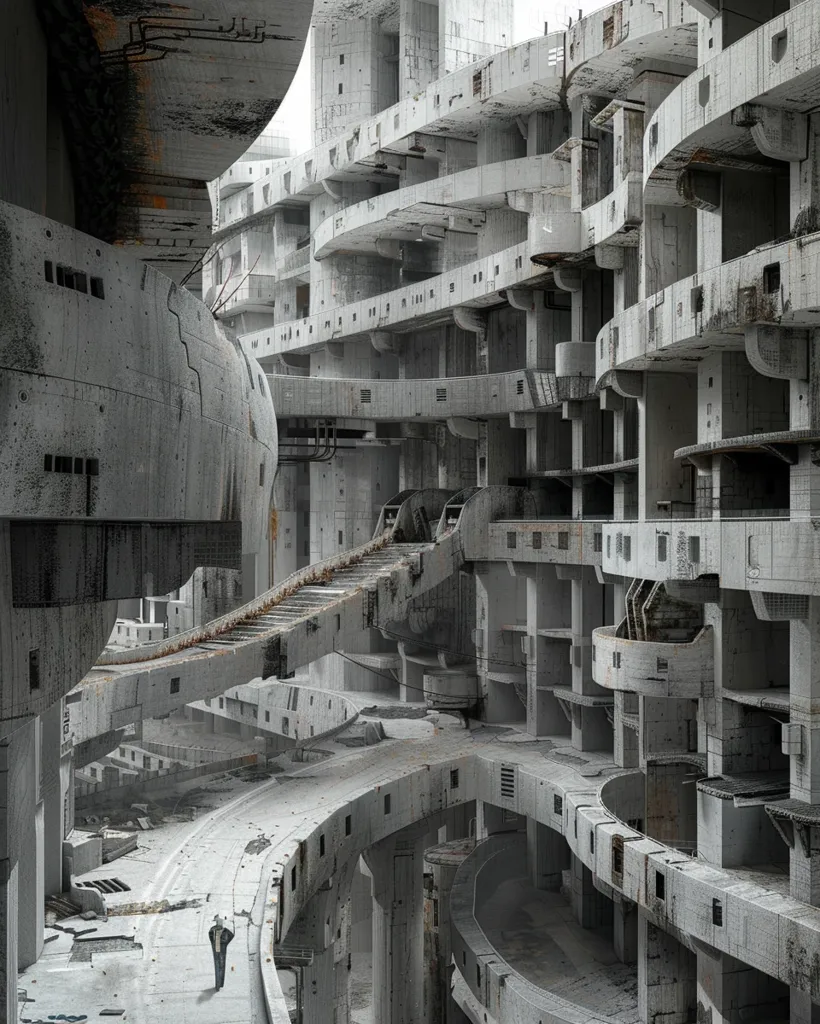 The image depicts a dystopian cityscape, characterized by a complex network of interconnected concrete structures. The buildings are weathered and appear abandoned, with crumbling walls and overgrown vegetation. A lone figure in the distance adds a sense of isolation and scale. The overall atmosphere is one of decay and desolation, hinting at a forgotten civilization.  The image evokes a sense of mystery and intrigue, prompting questions about the city's history and its future.