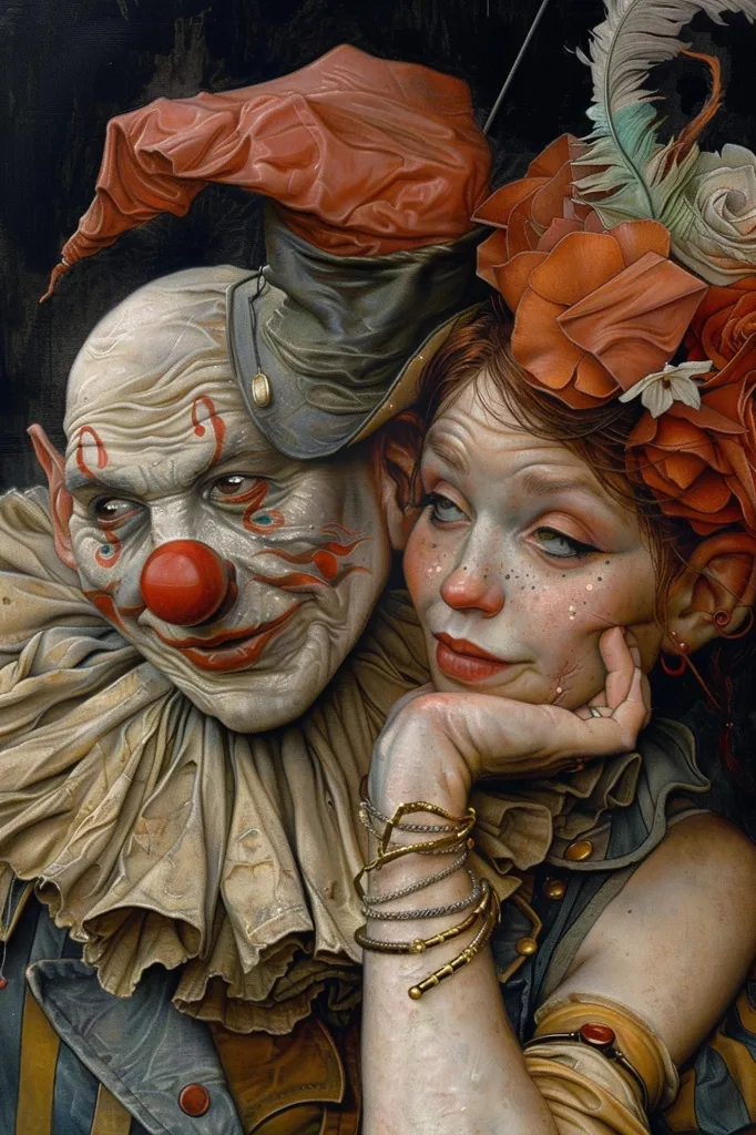 A painting depicting a close-up portrait of a clown and a woman. The clown is wearing a red and green hat with a large ruffle collar. He has a red nose and painted-on eyes. The woman is wearing a floral headpiece and multiple gold bracelets. She is resting her chin on her hand and looking away from the viewer. The painting is done in a realistic style with great attention to detail. The use of light and shadow adds depth and dimension to the image.