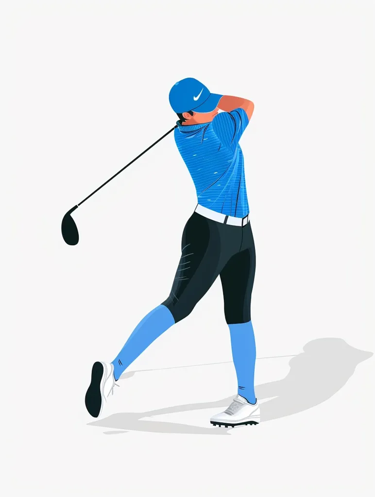 A golfer wearing a blue shirt, black pants, blue socks, and a blue cap is swinging a golf club. The golfer's right leg is extended while their left leg is bent, with their body leaning forward. The golfer's face is not visible. The background is a plain white.