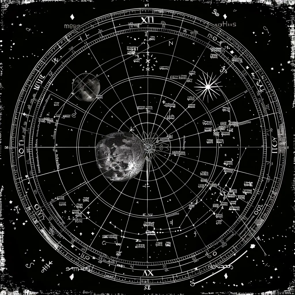 The image is a celestial chart, a circular diagram depicting the constellations and stars. It has a black background with a white grid and markings for the zodiac signs and constellations. The center of the chart features a detailed image of the Earth, while two other planets are also visible. The image has a vintage aesthetic, possibly from a book or historical document.  The chart is surrounded by a border with a worn, textured effect.