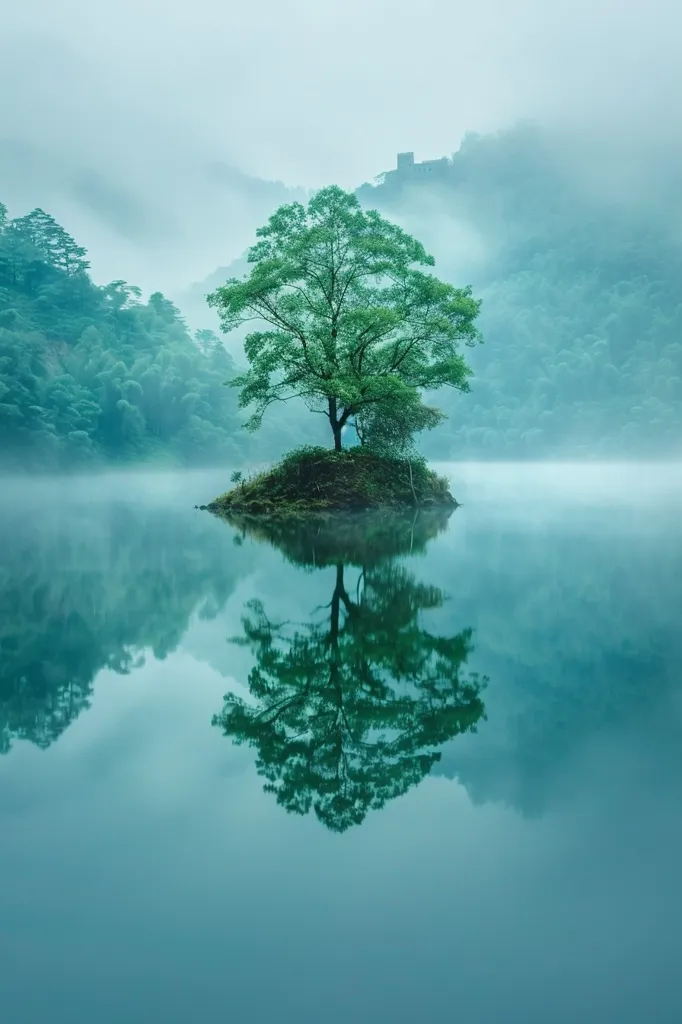 A single tree stands on a small island in the middle of a still lake. The water is calm and reflects the tree perfectly, creating a mirrored image. The surrounding hills are shrouded in mist, adding to the serene and mystical atmosphere. The scene evokes a sense of tranquility and peace.