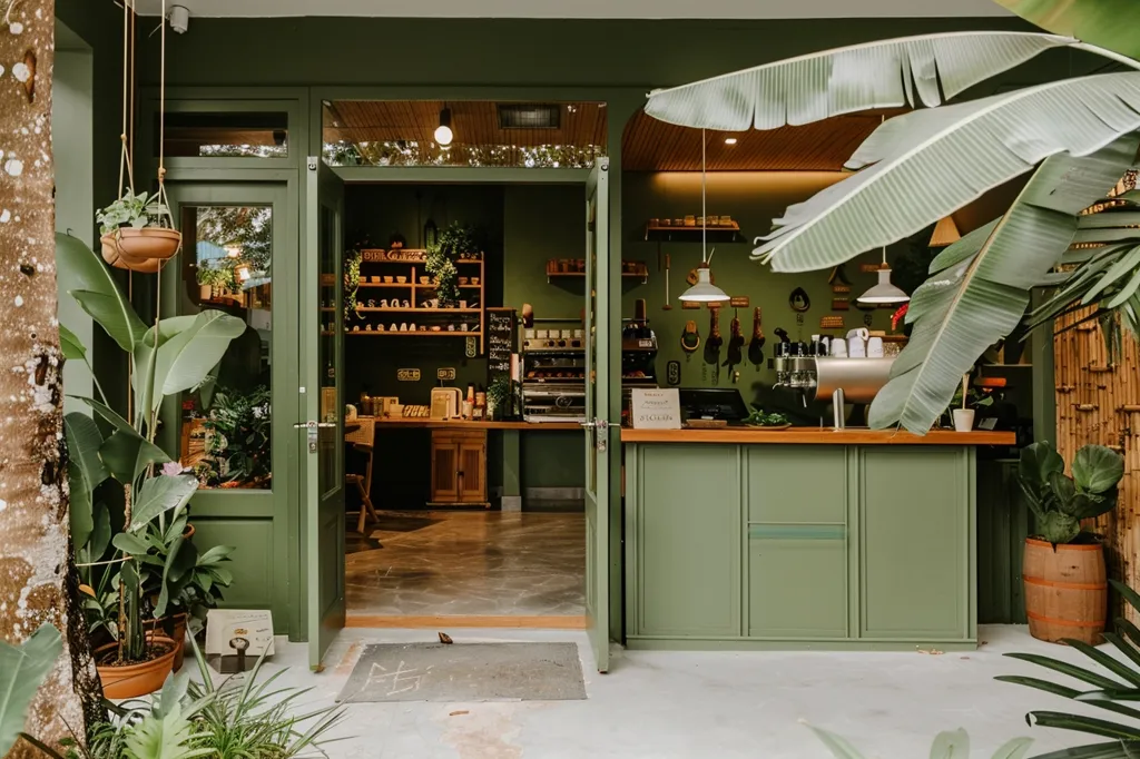 The image shows the entrance to a cafe, with double doors opening to a space with shelves of teacups, a wooden counter, and an espresso machine. The exterior of the cafe is painted in a muted green with lush green plants and hanging planters. The cafe has a warm and inviting atmosphere.