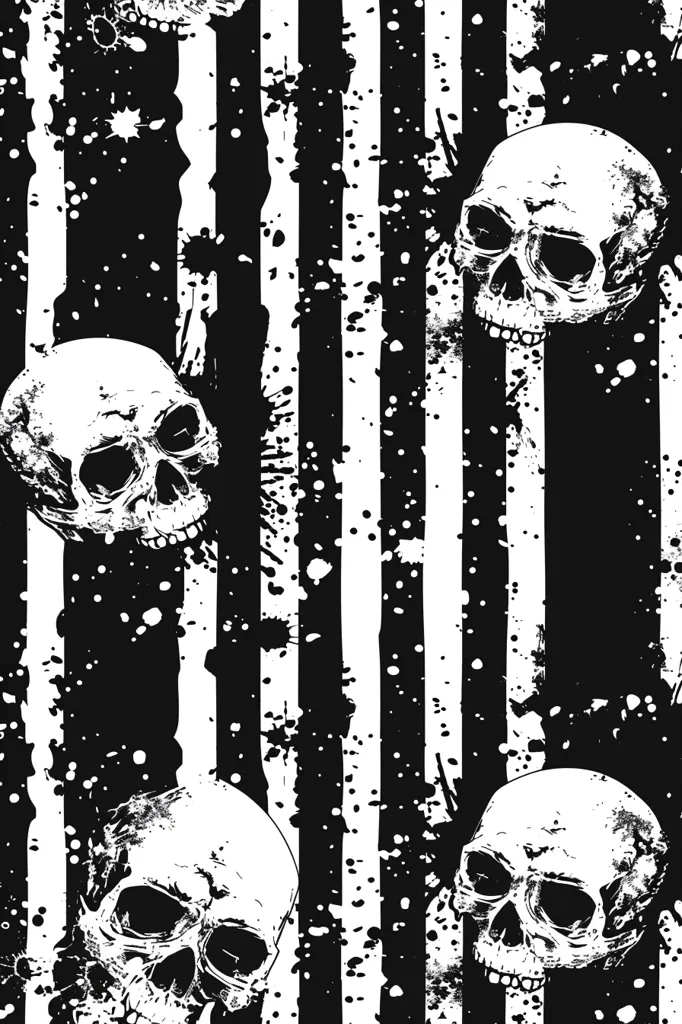 The image is a black and white illustration of a repeating pattern of skulls on a background of vertical stripes and splattered paint. The skulls are stylized, with defined features and sharp edges. The overall effect is edgy and slightly gothic. The contrast between the black and white creates a dramatic and bold visual impact.